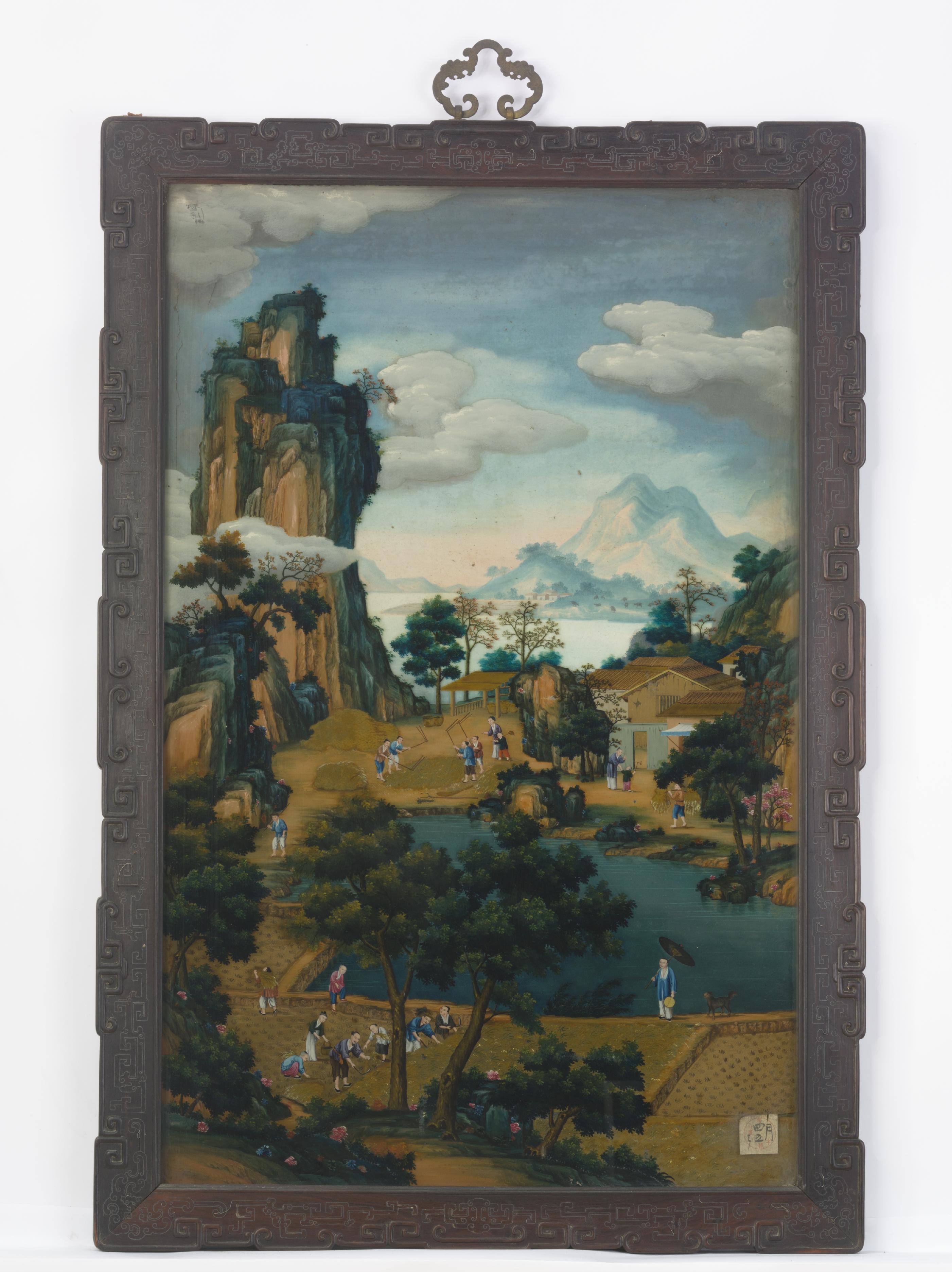 紫檀木嵌银丝边框画玻璃丰乡图挂屏